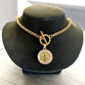 stainless steel gold color st Benedict mother of pearl reversible medal necklace